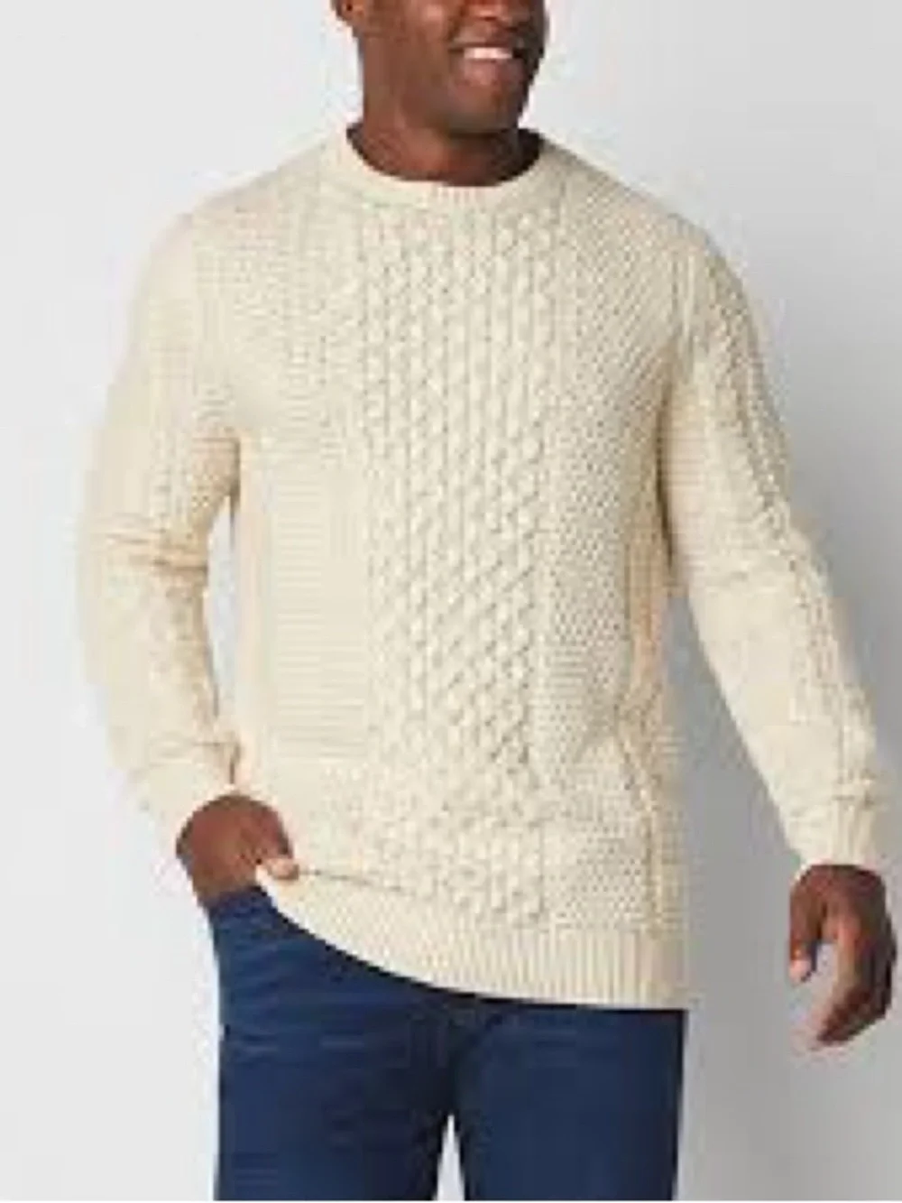 Mutual Weave crewneck fisherman sweater cable-knit pattern donegal style
